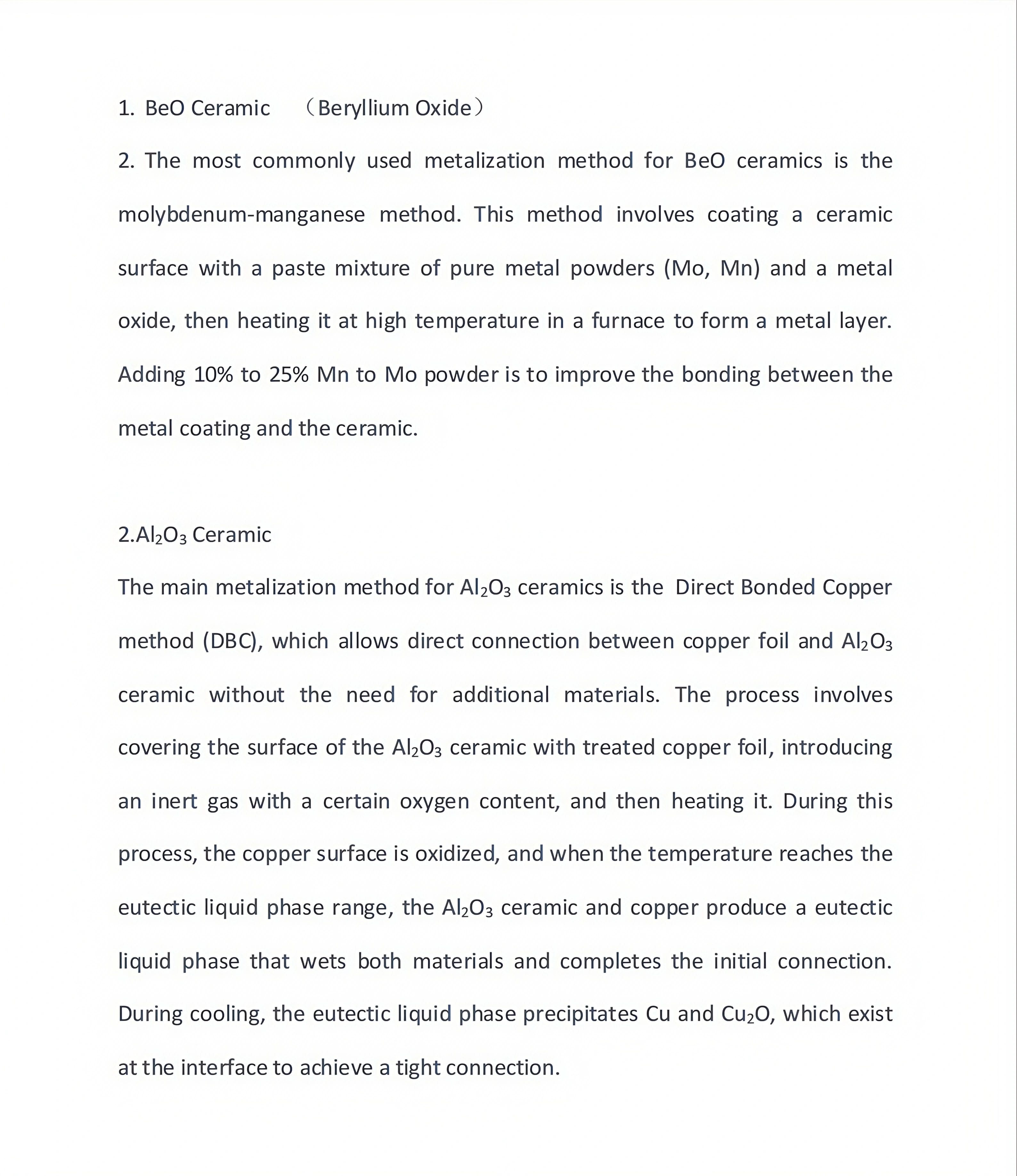 Metallization Processes for Different Ceramic Materials